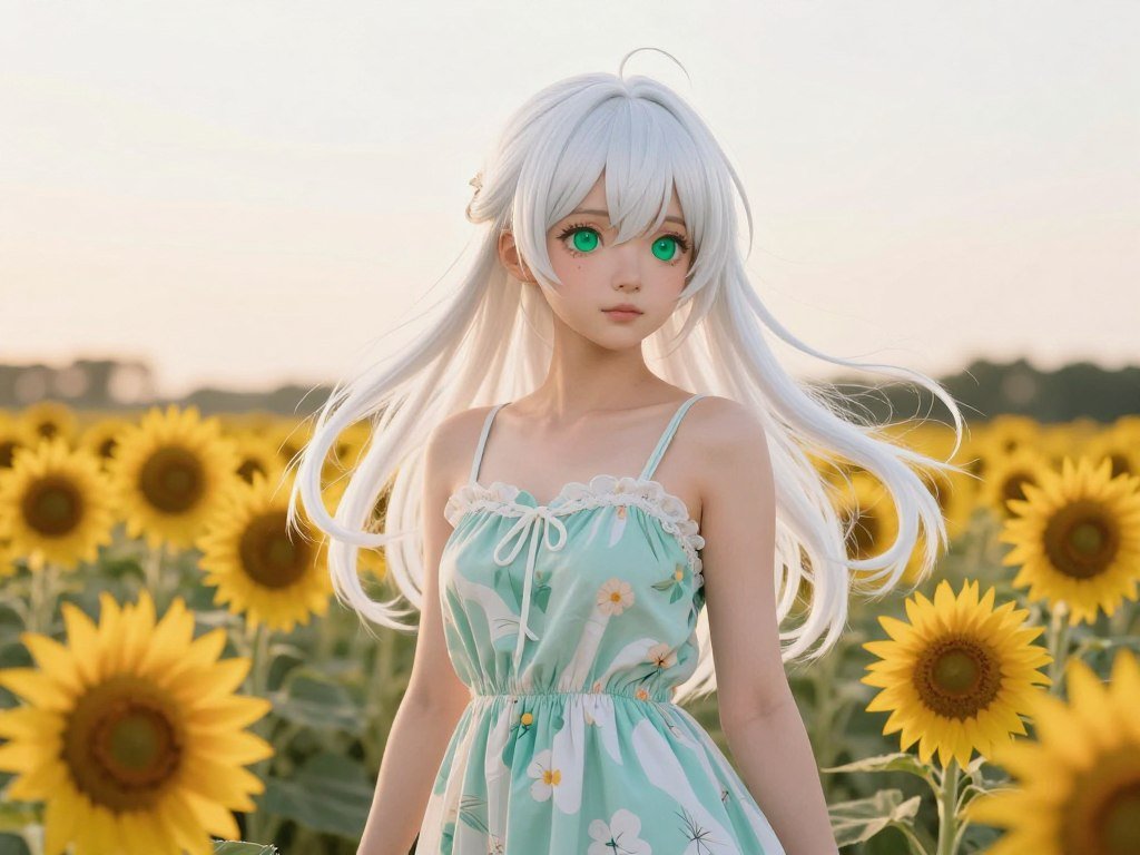 Digital art of a beautiful anime girl with emerald eyes and flowing white hair, wearing a summer sundress, standing in a field of sunflowers, soft sunset lighting, highly detailed, 8k resolution. Digital art of a beautiful anime girl with emerald eyes and flowing white hair, wearing a summer sundress, standing in a field of sunflowers, soft sunset lighting, highly detailed, 8k resolution.