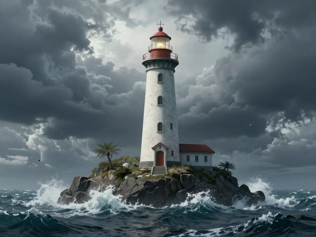 Digital art of a mysterious AI companion acting as a lighthouse keeper on a fictional stormy island, cinematic lighting, detailed atmospheric background, 8k resolution. Digital art of a mysterious AI companion acting as a lighthouse keeper on a fictional stormy island, cinematic lighting, detailed atmospheric background, 8k resolution.