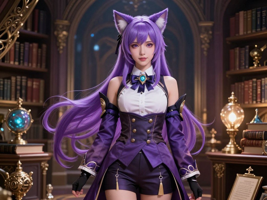 Digital art of a vibrant anime-style female character with purple hair and cat ears, wearing a high-fantasy sorceress outfit, cinematic lighting, highly detailed background of a mystical library. Digital art of a vibrant anime-style female character with purple hair and cat ears, wearing a high-fantasy sorceress outfit, cinematic lighting, highly detailed background of a mystical library.