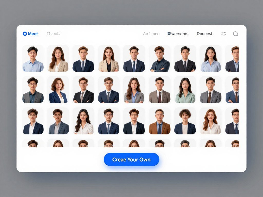 Digital art of an expansive gallery interface showcasing a diverse array of AI female characters, each with unique outfits and personalities, including a highlighted button for &amp;apos;Create Your Own,&amp;apos; high-tech and user-friendly UI design.