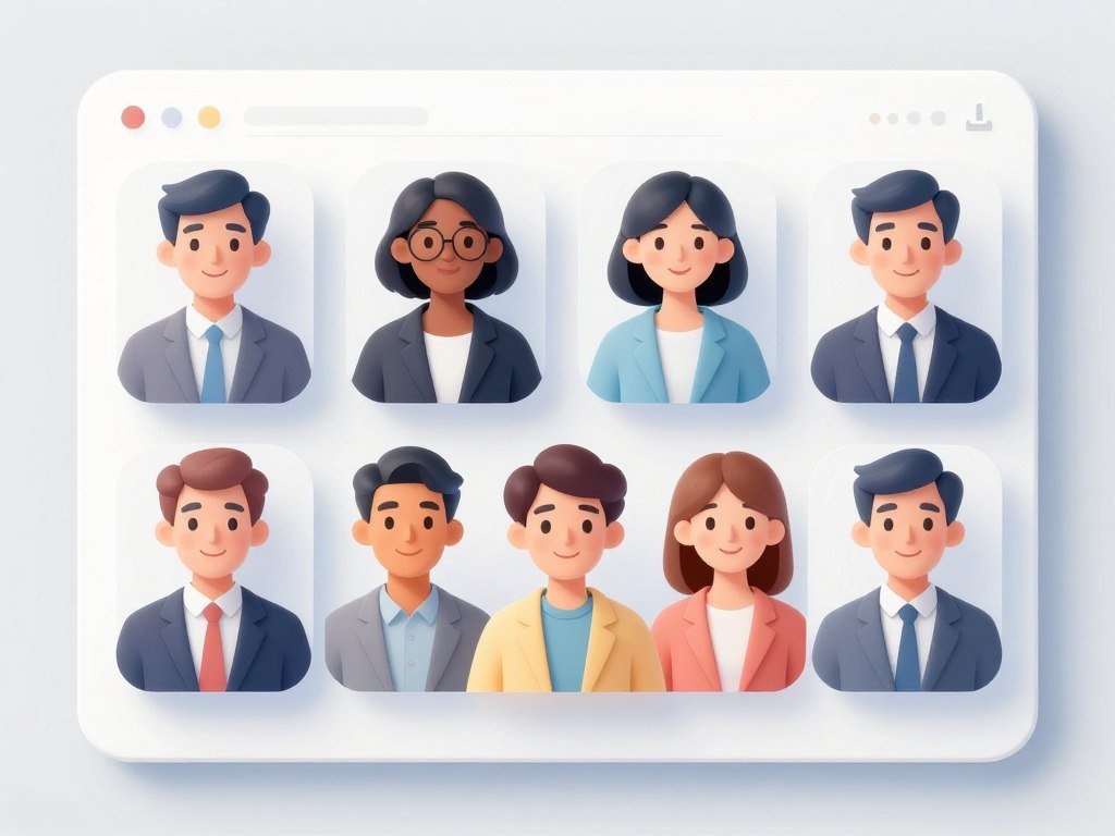 Digital illustration of a diverse group of AI avatars in a clean, minimalist interface, soft pastel colors, high-tech aesthetic.