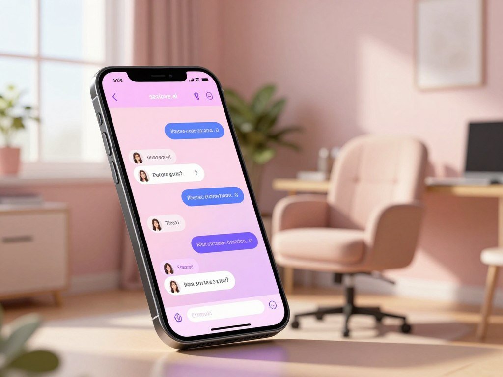 Foreground: A sleek, modern smartphone displaying a vibrant AI chat interface, designed to represent a safe and private conversation with an AI girlfriend. The screen reflects a soft glow, indicating an ongoing chat. Middle: A stylishly furnished home office setting, featuring a comfortable chair and a subtle plant in the background, emphasizing a cozy yet professional atmosphere. Background: A softly lit room with pastel colors, conveying tranquility and security, with soft shadows and diffused sunlight coming through a window. The overall mood should feel inviting and intimate, fostering a sense of privacy and trust in the AI relationship. Include the brand name "sexlove.ai" subtly in the scene as part of the phone interface, ensuring it blends seamlessly with the aesthetic and message of the image.