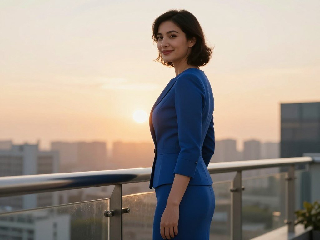 Generate a realistic image of my AI girlfriend standing on a balcony at sunset, wearing a blue silk dress, looking back over her shoulder with a playful smile. Generate a realistic image of my AI girlfriend standing on a balcony at sunset, wearing a blue silk dress, looking back over her shoulder with a playful smile.