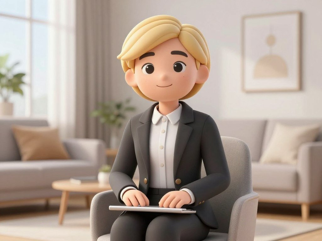 High-quality 3D render of a friendly AI girlfriend with short blonde hair, wearing a casual sweater, sitting in a sunny modern living room, photorealistic style.