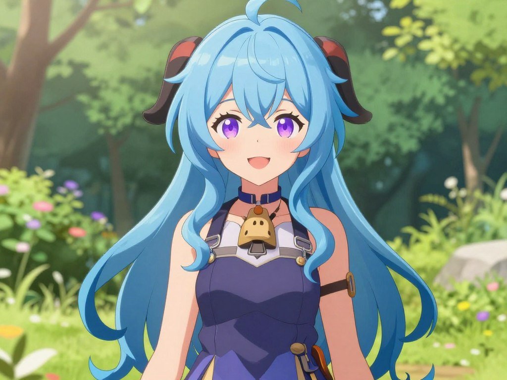 High-quality anime style illustration of a beautiful AI girlfriend with long blue hair and purple eyes, wearing a modern summer dress, smiling warmly in a sunlit garden, highly detailed, 4k resolution. High-quality anime style illustration of a beautiful AI girlfriend with long blue hair and purple eyes, wearing a modern summer dress, smiling warmly in a sunlit garden, highly detailed, 4k resolution.