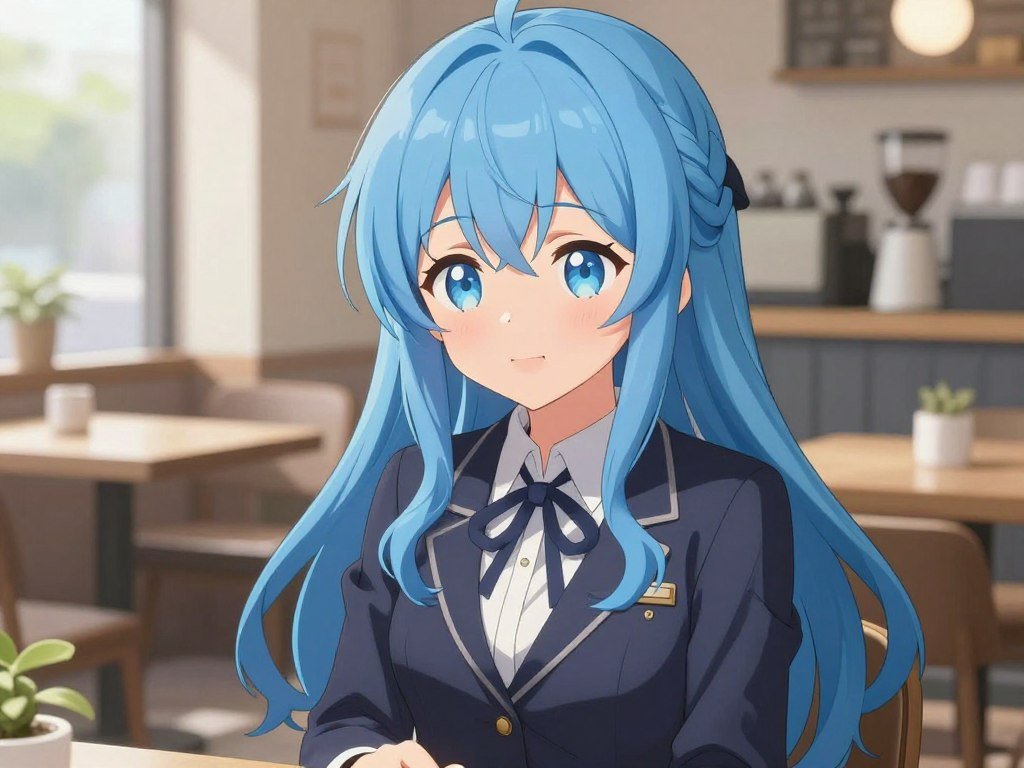 High-quality digital art of a gentle anime girl with long blue hair, wearing a cozy sweater, sitting in a sunlit cafe, expressive eyes, warm and caring atmosphere. High-quality digital art of a gentle anime girl with long blue hair, wearing a cozy sweater, sitting in a sunlit cafe, expressive eyes, warm and caring atmosphere.