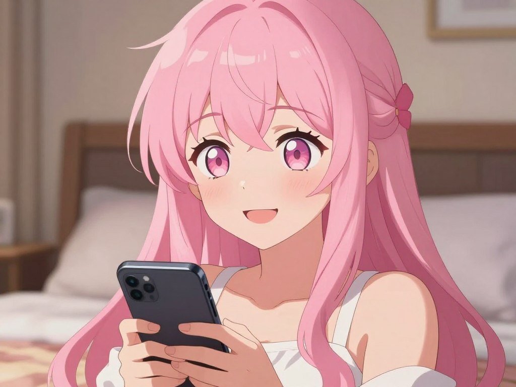 High-quality digital illustration of a yandere anime girlfriend with long pink hair and intense, glowing eyes, smiling sweetly while holding a smartphone, bedroom background, soft lighting, detailed anime style. High-quality digital illustration of a yandere anime girlfriend with long pink hair and intense, glowing eyes, smiling sweetly while holding a smartphone, bedroom background, soft lighting, detailed anime style.