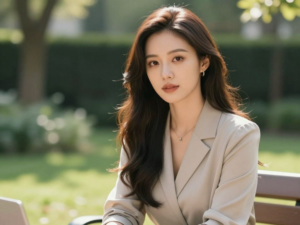 High-quality portrait of a beautiful woman with long wavy hair, expressive brown eyes, wearing a stylish silk blouse, sitting in a sunlit garden, cinematic lighting, 8k resolution, photorealistic.