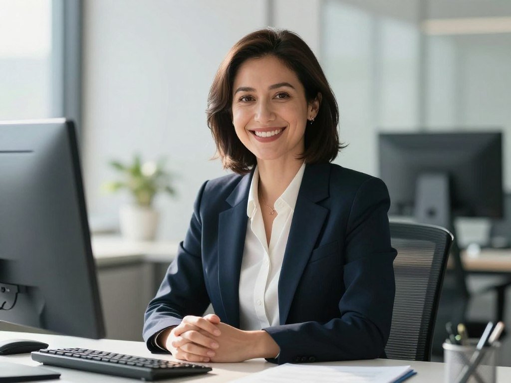 High-resolution photo of a friendly woman with a warm smile, wearing professional office attire, sitting at a modern desk with soft morning lighting, 8k resolution.