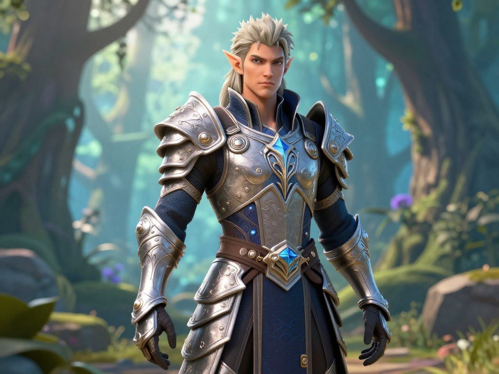 Highly detailed 3D render of a fantasy character girl, elven features, intricate armor, glowing forest background.
