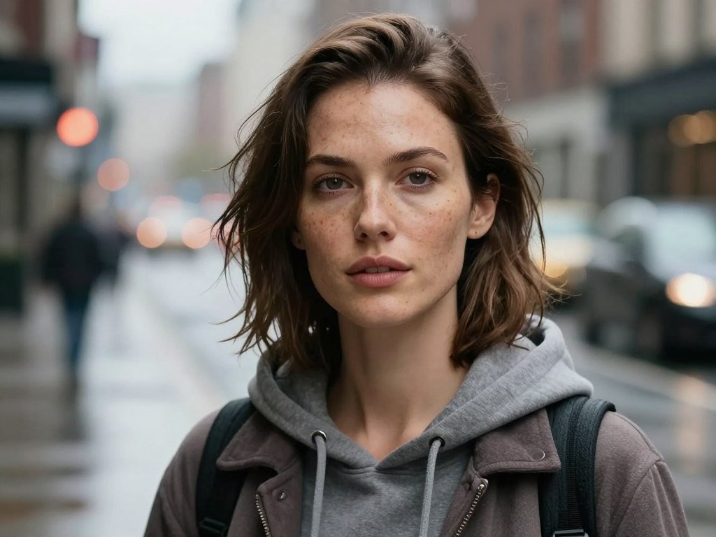 Hyper-realistic portrait of a beautiful woman with subtle freckles and messy hair, wearing a gym hoodie on a rainy city street, soft cinematic backlighting, highly detailed skin texture, 8k resolution. Hyper-realistic portrait of a beautiful woman with subtle freckles and messy hair, wearing a gym hoodie on a rainy city street, soft cinematic backlighting, highly detailed skin texture, 8k resolution.