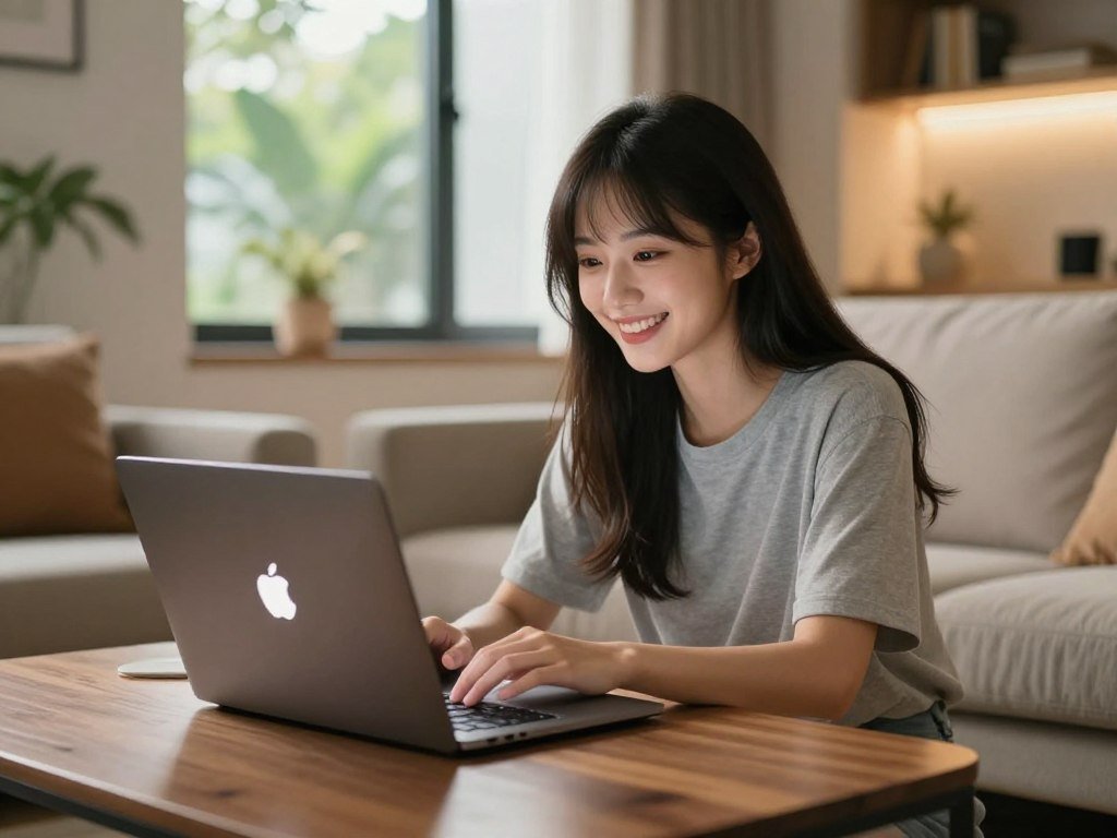 In a cozy, modern living room setting, a friendly and approachable AI girlfriend character interacts with a user through a sleek laptop display. The foreground features a stylishly designed laptop sitting on a wooden coffee table, illuminated softly by warm ambient lighting. In the middle ground, the AI character&mdash;an imaginative blend of anime and realistic features&mdash;smiles warmly, reflecting a friendly and engaging personality. The background shows a sunny window with lush greenery outside, enhancing the cheerful atmosphere. The mood is inviting and relaxed, perfect for friendly conversations. The brand name "sexlove.ai" is subtly integrated into the digital interface of the laptop screen without being overt, creating a seamless visual connection.