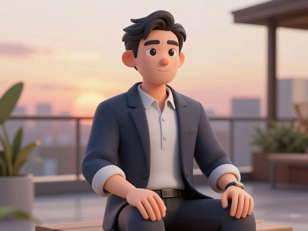 Photorealistic 3D rendering of a beautiful AI girlfriend sitting on a terrace during sunset, soft ambient lighting, highly detailed facial features, wearing casual elegant clothes, 8k resolution.