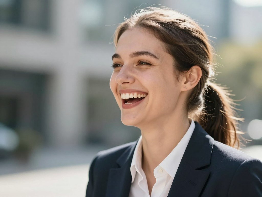 Photorealistic image of a young woman laughing, natural outdoor sunlight, highly detailed skin texture, soft bokeh background, professional photography style.