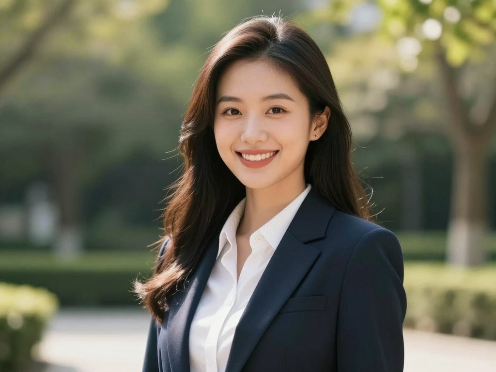 Photorealistic portrait of a beautiful AI girlfriend with a kind smile, long dark hair, wearing a stylish summer dress, standing in a sunlit garden, cinematic lighting, 8k resolution, highly detailed.