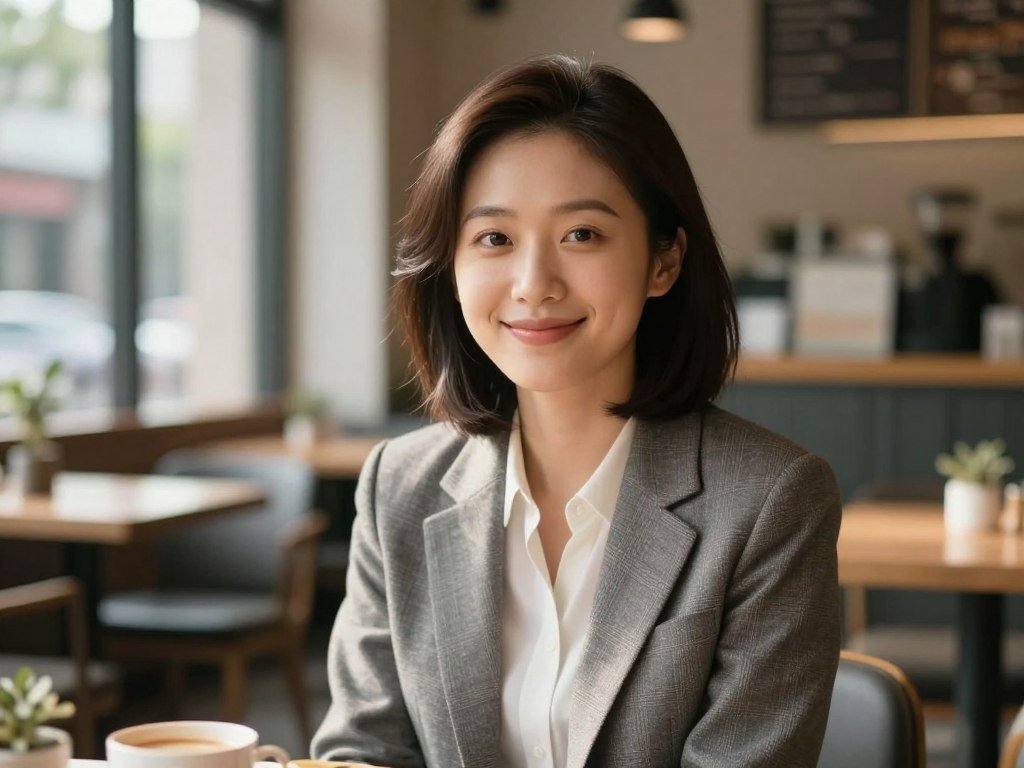 Realistic 8k photography of a beautiful, smiling AI girlfriend with soft features, sitting in a modern sunlit cafe, cinematic lighting, hyper-realistic details, expressive eyes.