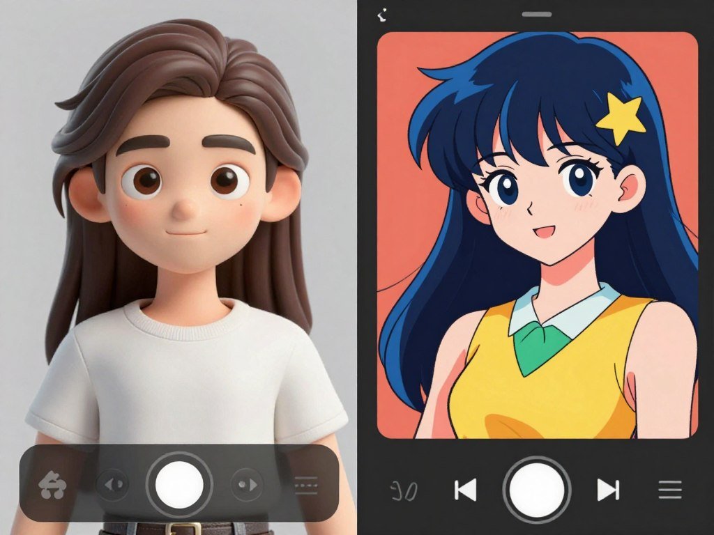 Split-screen visual showing a beautiful AI character in two styles: realistic 3D and classic 2D anime illustration, vibrant colors, sleek interface design. Split-screen visual showing a beautiful AI character in two styles: realistic 3D and classic 2D anime illustration, vibrant colors, sleek interface design.