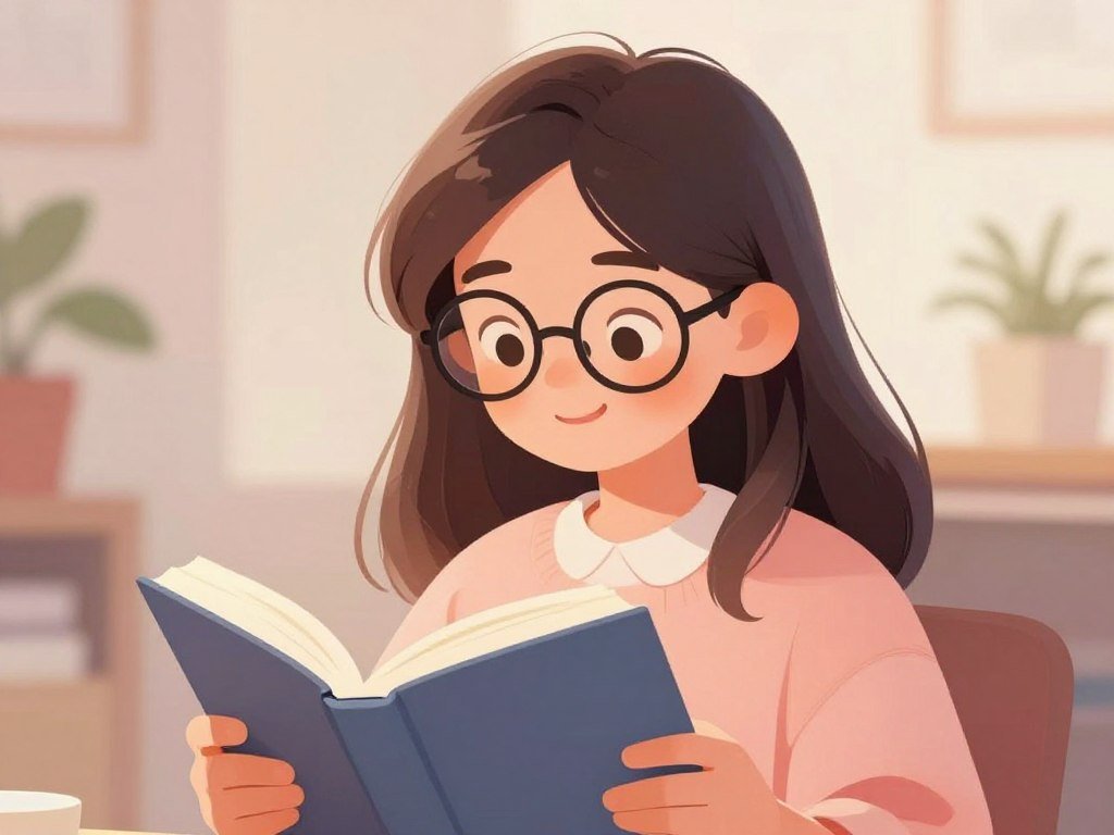Stylized digital painting of a cheerful girl with glasses, reading a book, soft aesthetic, pastel colors.