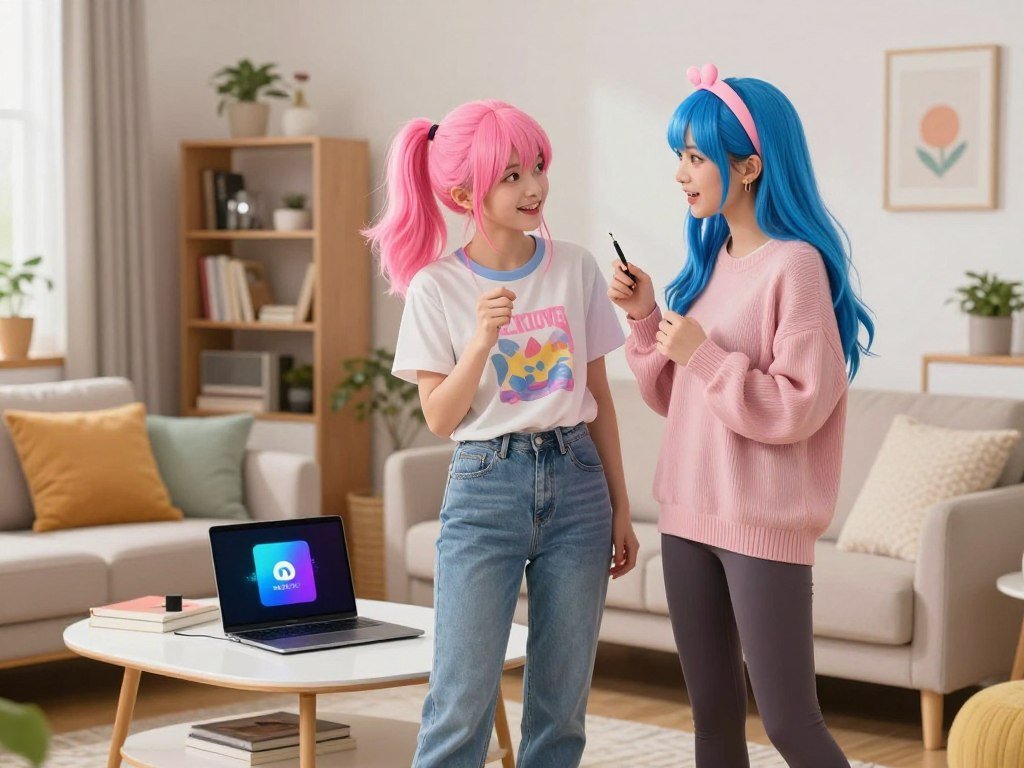 Two anime-style girlfriends standing together in a cozy, well-lit living room filled with colorful decor, engaging in a fun conversation about their favorite AI platforms. In the foreground, one girlfriend has bright pink hair styled in playful pigtails, wearing a stylish casual outfit with a graphic tee and jeans. The other girlfriend features long blue hair, adorned with a cute headband, dressed in a fashionable sweater and leggings. In the middle ground, a stylish coffee table is visible, showcasing gadgets and books related to AI tools. The background includes a cozy bookshelf and soft lighting that creates a warm atmosphere. The scene is bright and inviting, embodying a sense of friendship and collaboration, emphasizing the theme of modern technology. The brand "sexlove.ai" is subtly incorporated into the decor. Two anime-style girlfriends standing together in a cozy, well-lit living room filled with colorful decor, engaging in a fun conversation about their favorite AI platforms. In the foreground, one girlfriend has bright pink hair styled in playful pigtails, wearing a stylish casual outfit with a graphic tee and jeans. The other girlfriend features long blue hair, adorned with a cute headband, dressed in a fashionable sweater and leggings. In the middle ground, a stylish coffee table is visible, showcasing gadgets and books related to AI tools. The background includes a cozy bookshelf and soft lighting that creates a warm atmosphere. The scene is bright and inviting, embodying a sense of friendship and collaboration, emphasizing the theme of modern technology. The brand "sexlove.ai" is subtly incorporated into the decor.