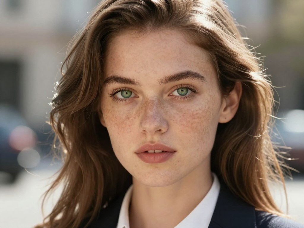 Ultra-realistic close-up portrait of a girl with freckles and sparkling green eyes, natural sunlight hitting her face, soft bokeh background, highly detailed skin texture.