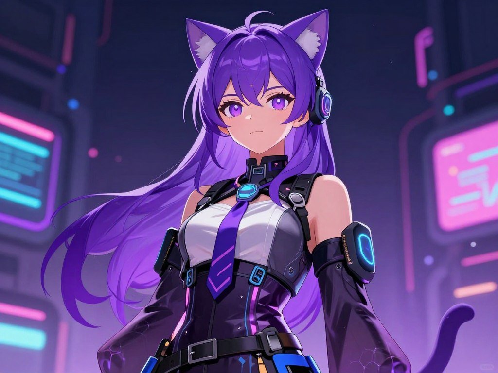 Vibrant anime-style character with purple hair and cat ears, wearing a futuristic cyberpunk outfit, glowing neon accents, digital art style, high contrast.