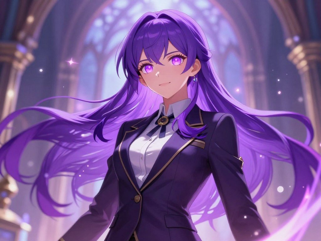 Vibrant anime-style illustration of a fantasy girlfriend with long purple hair, glowing violet eyes, and a magical aura, high quality digital art style.